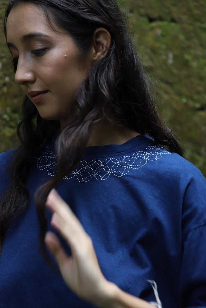 The Crop Tee Indigo - Hand embroidered, Natural Indigo