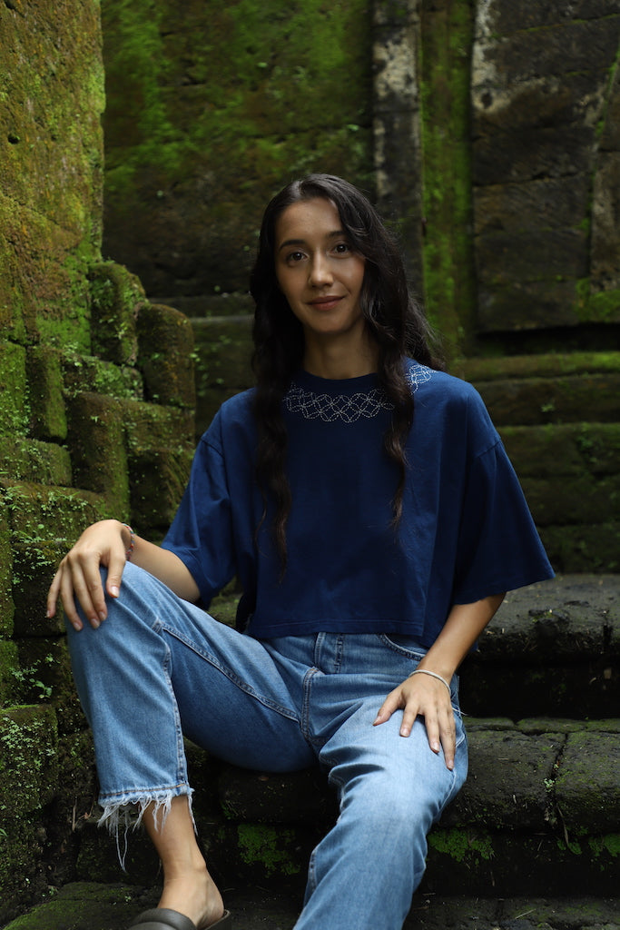 The Crop Tee Indigo - Hand embroidered, Natural Indigo