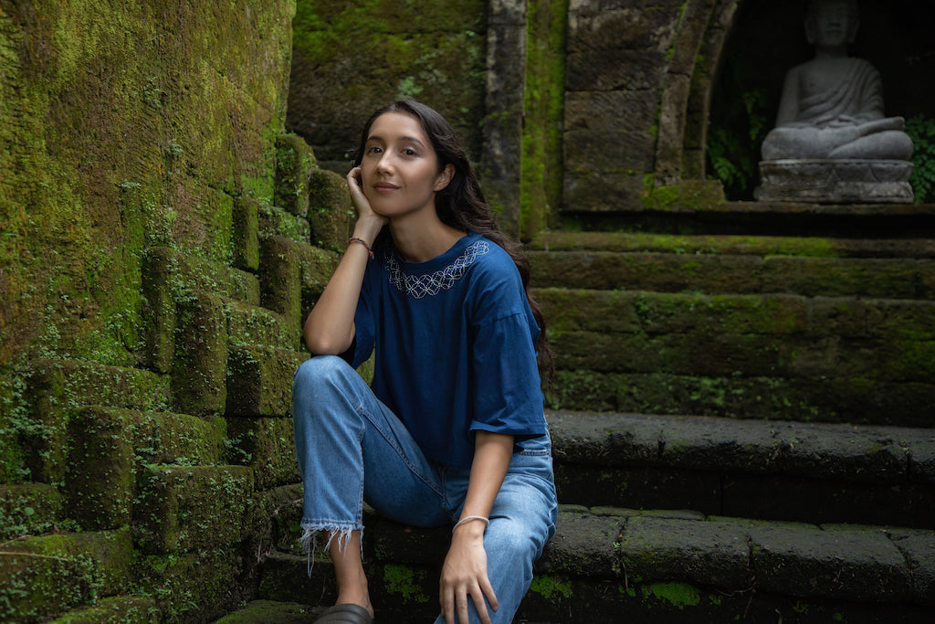 The Crop Tee Indigo - Hand embroidered, Natural Indigo