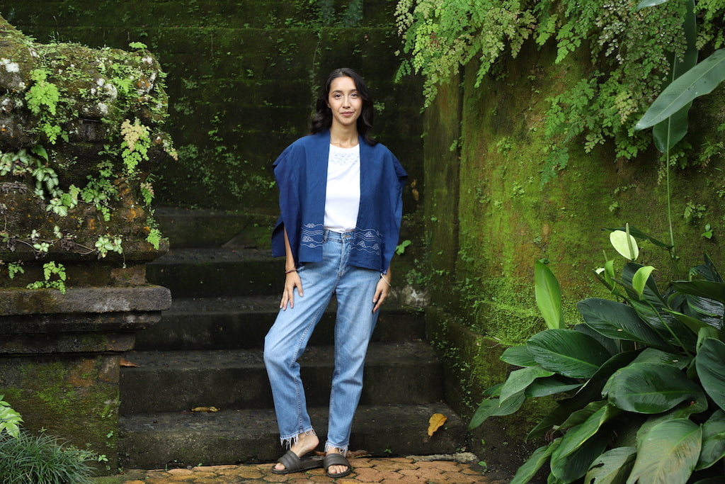 The Sachiko Shawl - Hand embroidered, Natural Indigo