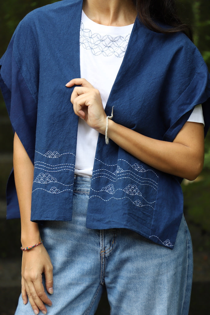 The Sachiko Shawl - Hand embroidered, Natural Indigo