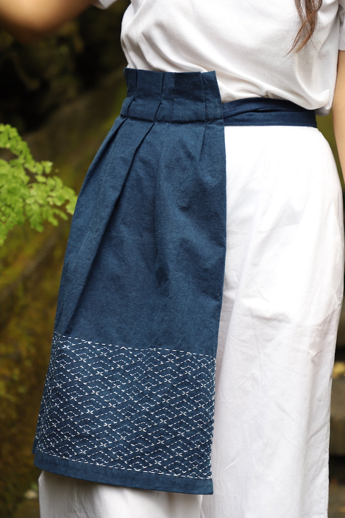 The Sachiko Apron - Hand embroidered, Natural Indigo